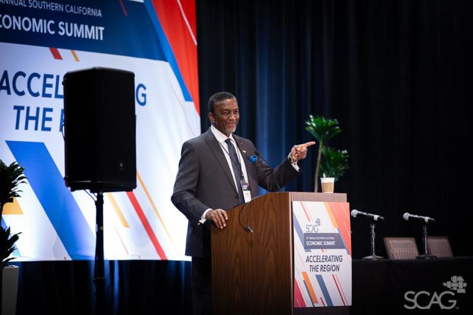SCAG Executive Director Kome Ajise making remarks at the Economic Summit.